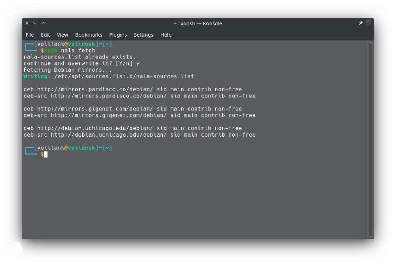 Скриншот работы Nala в терминале с подробным выводом действий apt через python-apt, отображающим команды и строки конфигурации в консоли.