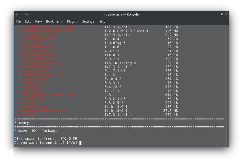 Терминал с перечнем пакетов и размеченными версиями — пример удобного представления списка обновлений и зависимостей с помощью Nala.