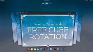 Скриншот рабочего стола с Desktop Cube: демонстрация вращающегося 3D-куба и ряда иконок приложений на фоне панели GNOME.