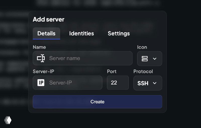 Скриншот интерфейса Nexterm: тёмное окно «Add server» с полями Name, Server‑IP, Port и выбором протокола SSH для добавления сервера.