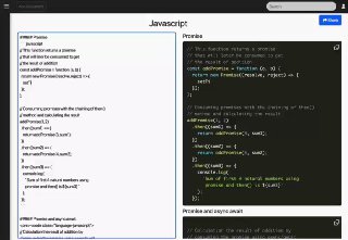 Скриншот интерфейса Rocketnotes: двухпанельный Markdown‑редактор с подсветкой JavaScript-кода, примерами Promise и тёмной/светлой темой.