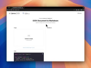 Скриншот веб-интерфейса llama-ocr: страница 'OCR: Document to Markdown', поле загрузки изображения и пример кода внизу.