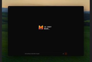 Тёмный интерфейс с пиксельным логотипом «LE CHAT NOIR» в окне приложения на фоне пейзажа — скриншот визуального контента.