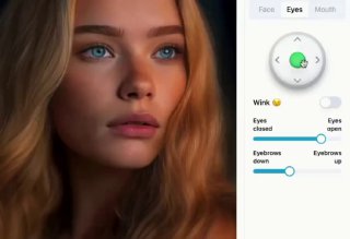 Портрет женщины крупным планом; справа отображён интерфейс Reshot с регуляторами для улыбки, положения глаз и рта.