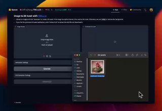Скриншот интерфейса TRELLIS от Microsoft: окно генерации 3D-модели и превью файла 3D-модели в файловом менеджере на фоне macOS