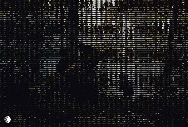 Тёмный сценический фрагмент, собранный из символов — люди и архитектура в виде ASCII-арта, демонстрирующий детализацию в конверсии изображений.