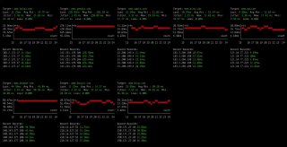 Консольный скриншот с несколькими графиками задержек, таблицами потерь пакетов и средней задержки при одновременном пинге нескольких адресов.