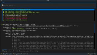 Скриншот TUI‑интерфейса ISD для управления systemd: список юнитов слева, превью и логи справа, элементы управления и подсветка.