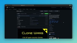 Скриншот репозитория GitHub «Clone Wars»: интерфейс в тёмной теме, список файлов, превью проекта и панель навигации для анализа клонов сайтов.