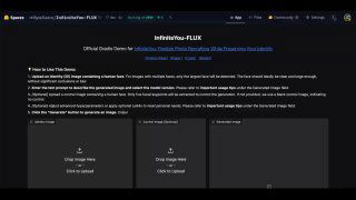 Скриншот интерфейса HuggingFace Space InfiniteYou‑FLUX: загрузка изображений, превью и элементы управления для генерации фотореалистичных дипфейков.