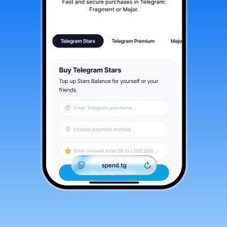 Скриншот мобильного интерфейса Spend.tg на синем фоне: видна кнопка «spend.tg», секция Buy Telegram Stars и поля для ввода суммы покупки.