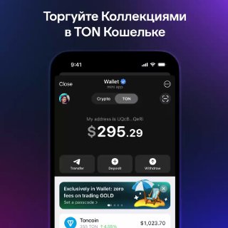 Скриншот интерфейса TON Кошелька на смартфоне: баланс в долларах, вкладки Crypto/TON и витрина коллекций с предпросмотром NFT.