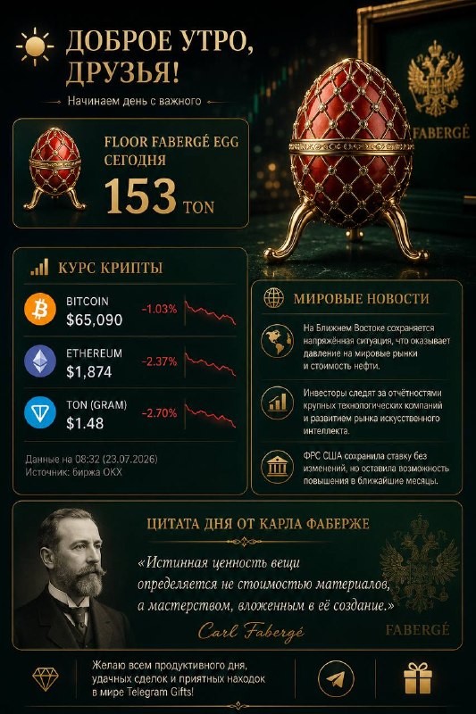 Стилизованный баннер: ювелирное яйцо Фаберже на тёмно‑зелёном фоне, информационные блоки с цифрами и ретро‑портрет.