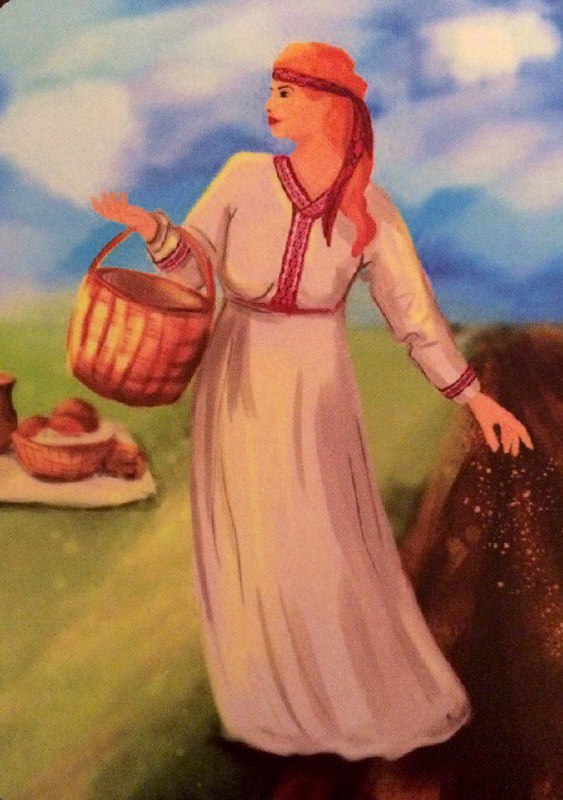 Иллюстрация карты: девушка в народном платье с корзиной на фоне пейзажа — образ заботы, традиций и практических шагов в решении.