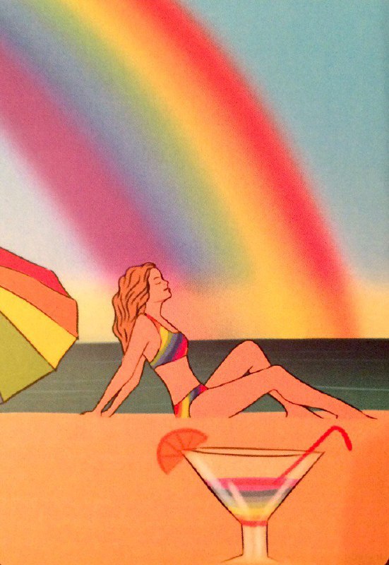 Яркая иллюстрация пляжа с радугой, зонтиком и коктейлем — образ отдыха, эмоциональной гармонии и выбора, стилизованный как карта из набора «Решение», вызывающая тепло и надежду.