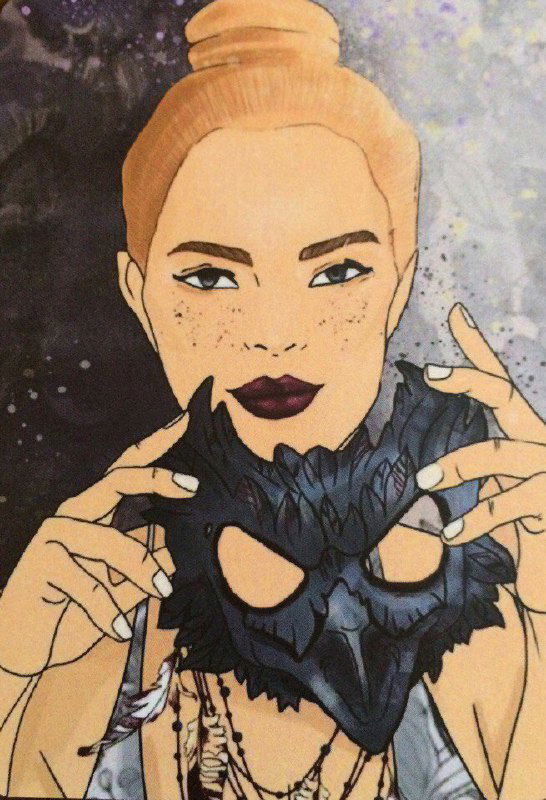 Портрет женщины, держащей маску — метафора раскрытия истинного «я», самопознания и смены ролей, изображение выполнено в манере карт колоды «Решение» и подчёркивает тему откровенности.