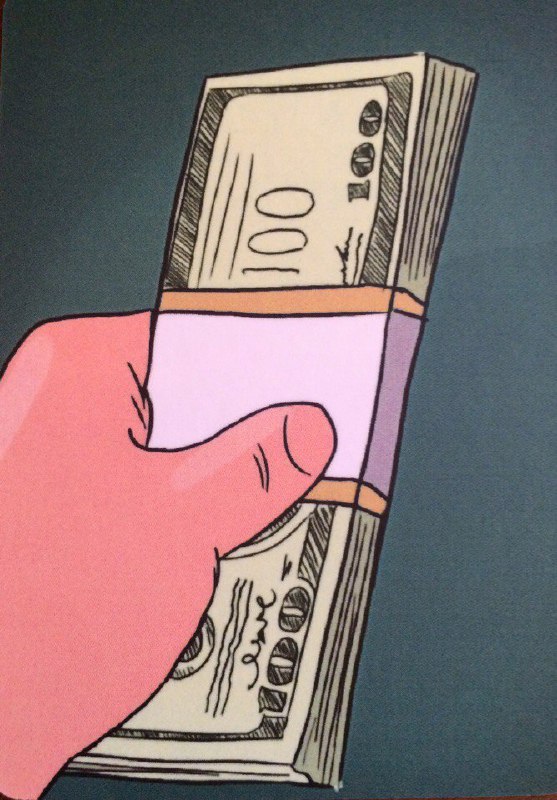 Иллюстрация руки, держащей стопку денежных купюр — символ финансовых вопросов, материальных решений и возможностей, представленная как карта из колоды «Решение», акцент на деньгах и ресурсах.