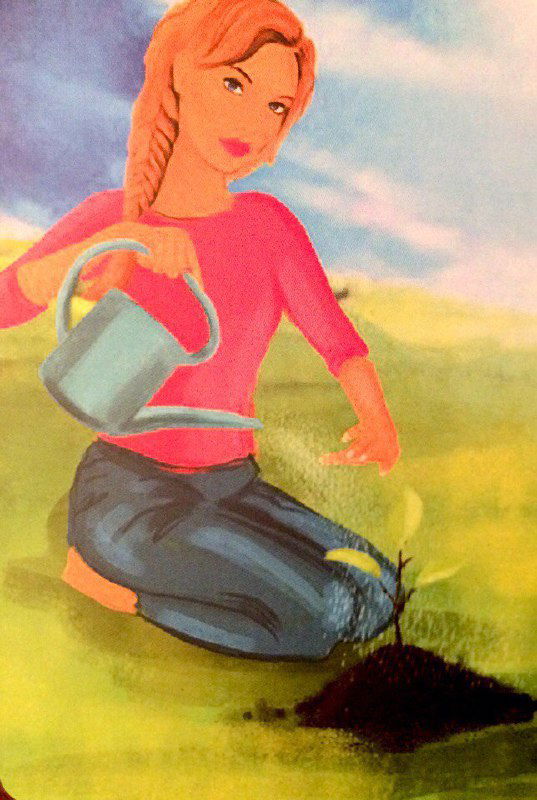 Иллюстрация женщины, поливающей саженец — образ заботы, роста и начала новых проектов, оформленный как карта из колоды «Решение», символизирующий развитие выбранного направления.