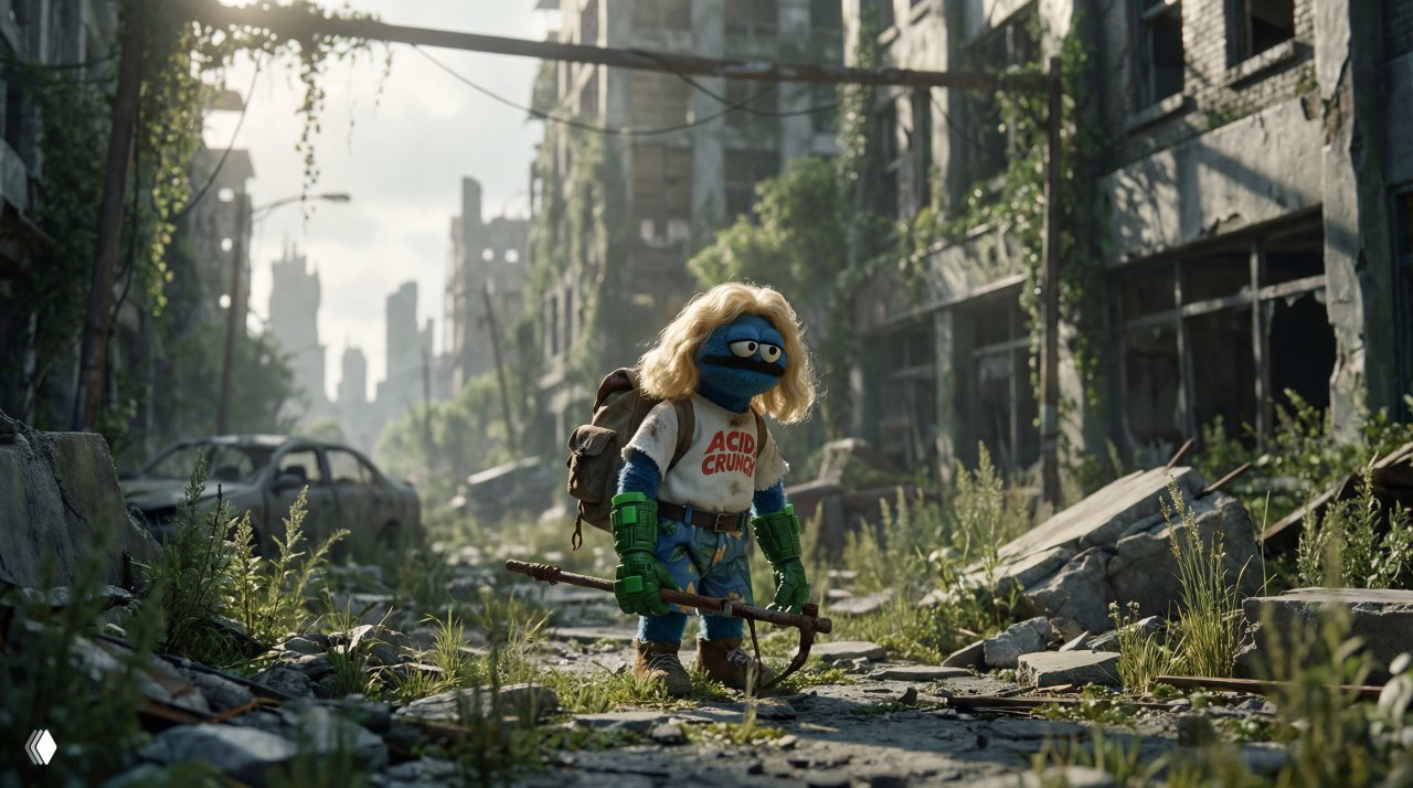 Фигурка в образе выжившего (кукла/персонаж) с рюкзаком и импровизированным инструментом на заросшей разрушенной городской улице, постапокалиптическая сцена.