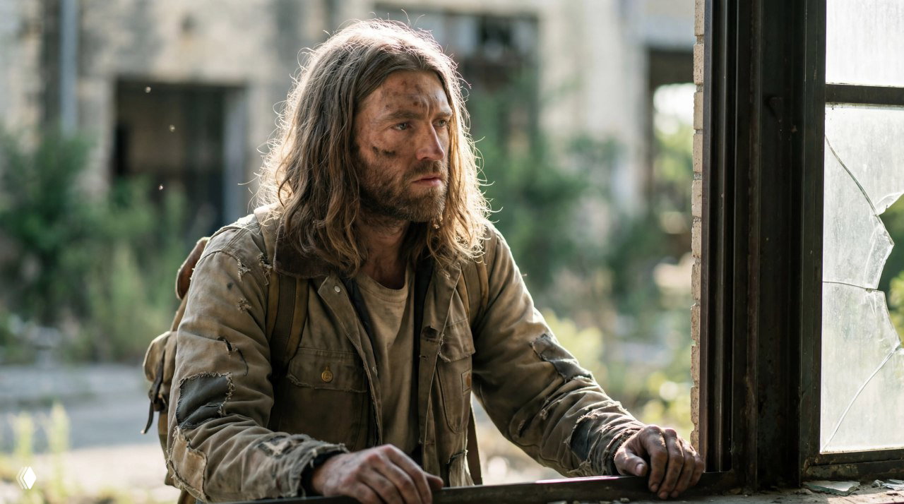 Выживший с длинными волосами и грязным лицом опирается о разбитое окно в разрушенном здании; свет, пыль и ощущение одиночества в кадре.