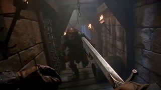 Фэнтезийная лестница в подземелье и персонаж с поднятым мечом, игра света и теней, испытание для физики движения и деталей оружия.