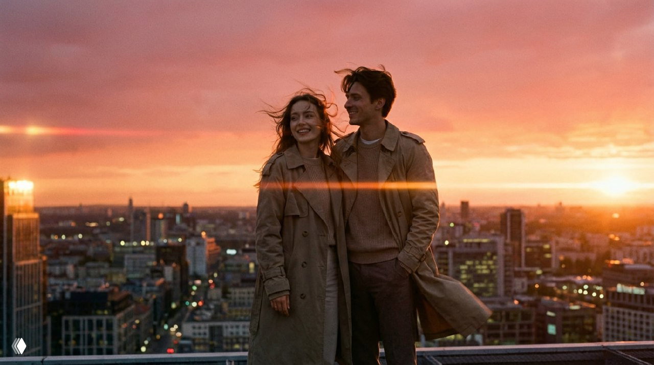 Средний портрет пары на крыше при закате: они улыбаются, ветер в волосах, тёплое небо и киношные горизонтальные флейры в анаморфном стиле.