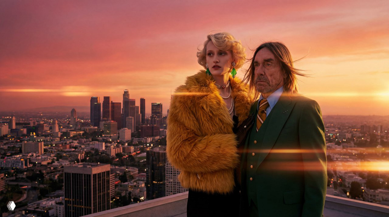 Стильный парный кадр на крыше с героиней в яркой шубе и спутником: город, закат и тёплые полосы света, композиция в кинематографическом анаморфном ключе.