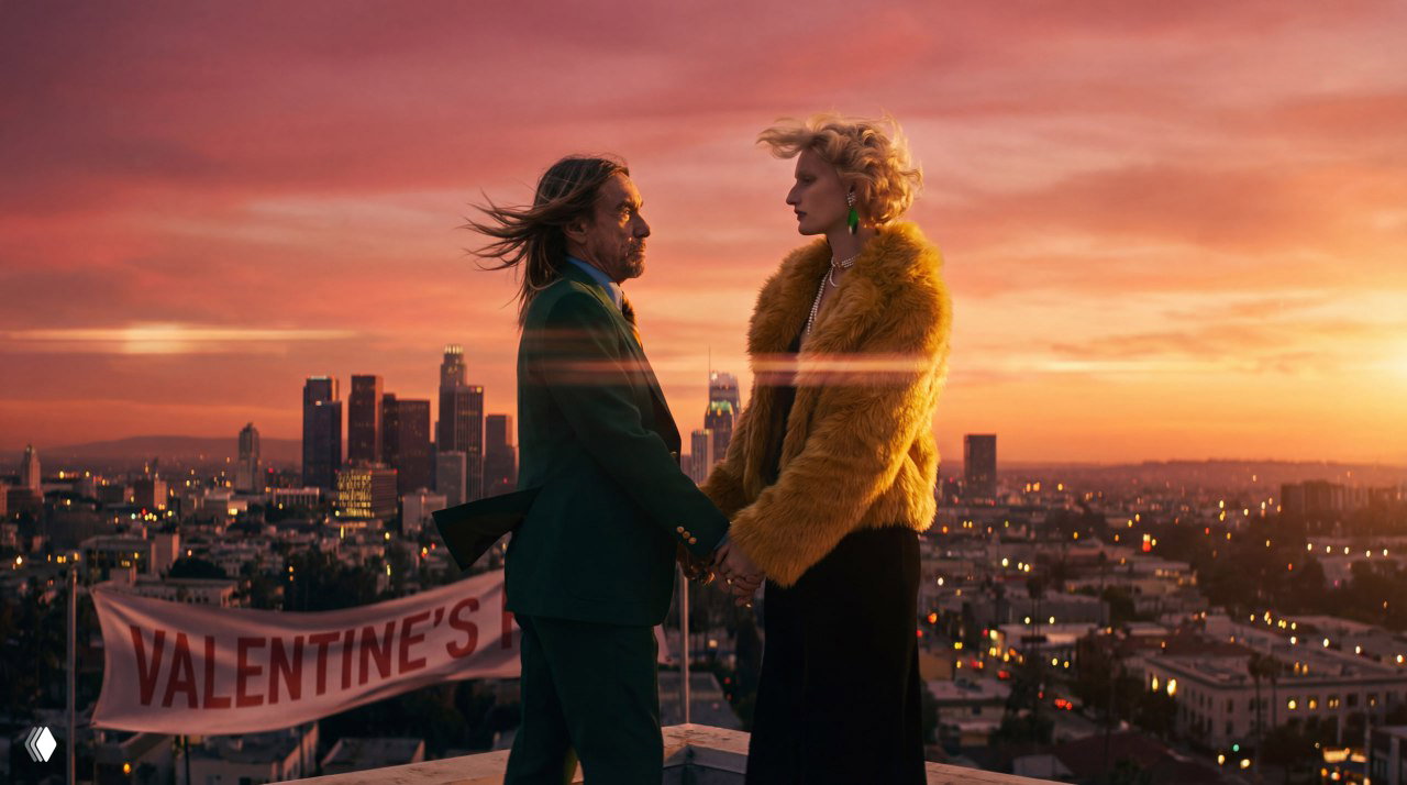 Двое на крыше в профиль при закате: динамика ветра, рука в руке, город внизу и длинные горизонтальные световые флейры в киношной эстетике.