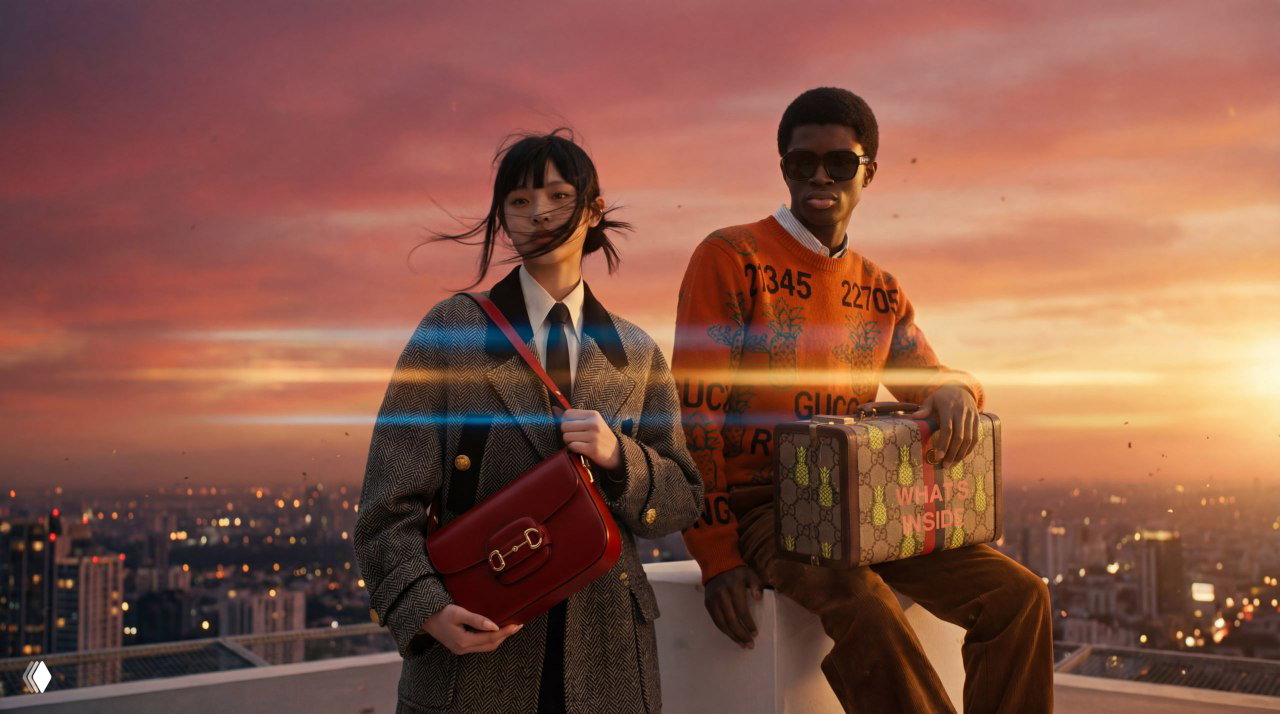 Модные молодые люди на крыше при закате: девушка с красной сумкой и парень с чемоданом Gucci, тёплое небо и анаморфные горизонтальные блики для драматичности.