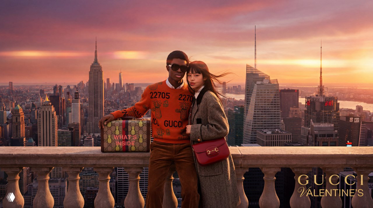 Пара у перил высоко над городом: мужчина в ярком свитере и девушка в пальто на фоне небоскрёбов, кинематографический закат и тёплые флейры по кадру.