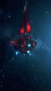 Космический корабль или станция с яркими красными огнями на фоне звёздного неба, атмосферный sci‑fi кадр с глубиной сцены.