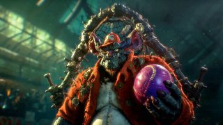 Персонаж в ярком игровом костюме и шляпе держит неоновый шар, богатая текстура и стилизованный игровой арт с тёплыми тонами.