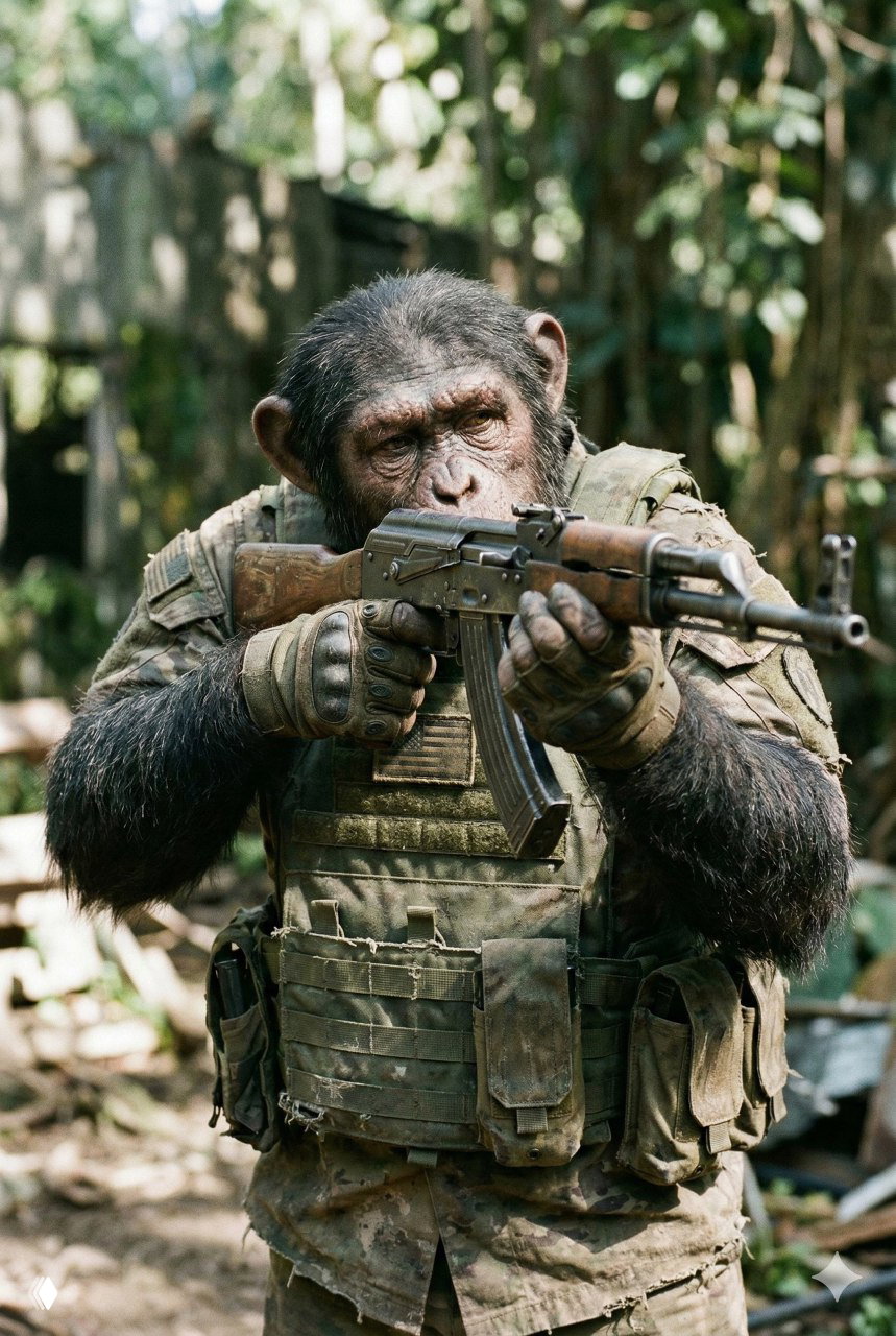 Фотореалистичный рендер: обезьяна в военной форме с автоматом AK в джунглях, детализированный и драматичный стиль изображения.