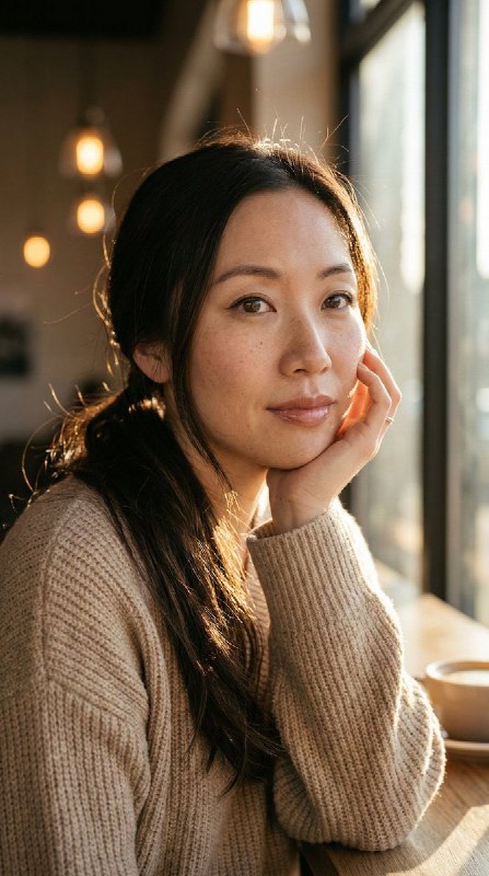 Портретная фотография женщины в кафе у окна в мягком естественном свете, крупный план лица и расслабленная поза, фотореалистичный стиль.