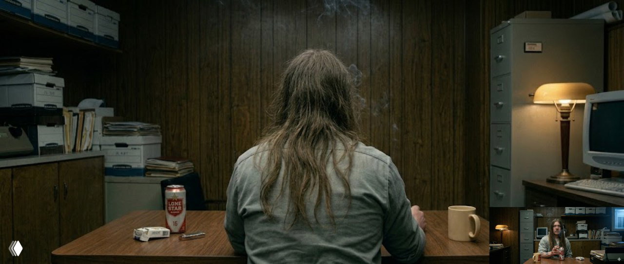 Обратный ракурс: та же сцена со спины персонажа, виден стол, лампа и монитор, демонстрация разворота камеры на 180 градусов и работы модели.