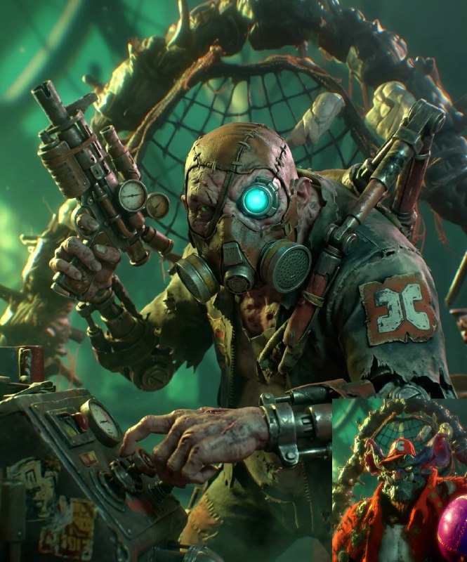 Иллюстративный портрет в стиле постапокалипсиса с персонажем в противогазе и деталями оружия — пример улучшенной стилизации и текстур модели.