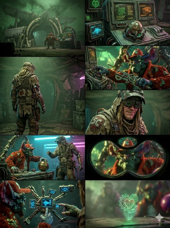 Яркая уличная сцена с персонажем в красном костюме, движением и множество мелких вставок с референсами лиц, демонстрация комбинирования стиля и референсов.