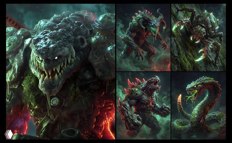 Крупные концепт-иллюстрации фантастических существ: массивный монстр, огненно-мрачные тона и детализированная текстура с драматичной подсветкой.