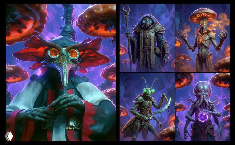 Серия портретов и фигур персонажей с сюрреалистическими шляпами и органическими деталями; фиолетово-лазурная палитра и атмосферная глубина кадра.