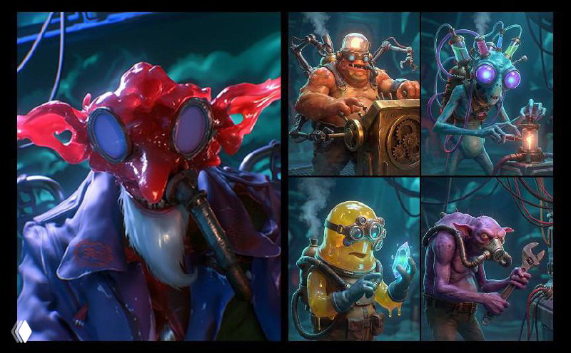 Коллаж разнообразных арт-персонажей: техно-мутанты, механические элементы и неоновые акценты, демонстрация массовки и вариативности визуального сеттинга.
