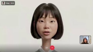 Минималистичный анимированный аватар девушки в виде видеозвонка на белом фоне, отображение интерфейса видеосвязи и миниатюры.