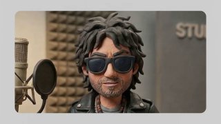 Аватар рокера с бородой и солнцезащитными очками в студии звукозаписи — стилизованный 3D-персонаж для голосовых роликов и подкастов.