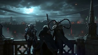 Атмосферная тёмная иллюстрация: трое фигур на балконе наблюдают мрачный город с огнями, дымом и грозовым небом.