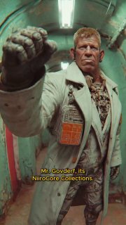 Жёсткий портрет закалённого персонажа в тёмном костюме с технологическими деталями, характерный для киборг-аристократов вселенной.