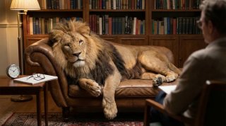 Интерьерная студия: огромный лев лёжа на кожаном диване рядом с человеком в кабинете психолога — фантазийный кадр с высокой детализацией мебели.