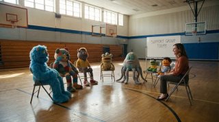 Гимнастический зал с группой разноцветных персонажей в кружке и преподавателем — сценка для детской рекламы или комедийного скетча, сгенерированная AI.