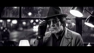 Киношный чёрно‑белый кадр: мужчина в плаще и фетровой шляпе в крупном плане, он поправляет стильные очки; лампа и отражения создают дождливый нуар‑настрой.