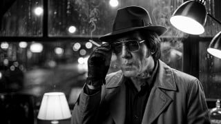 Ещё один чёрно‑белый кадр того же персонажа в шляпе и очках: крупный план лица, контрастное освещение и мокрый городской фон, подчёркивающий вайб фильма‑нуар.