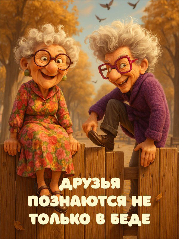 Пожилые дамы с озорными улыбками перелезают через забор в парке; композиция как позитивная открытка в стиле нейродизайна.