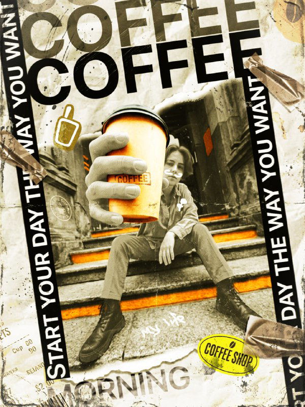Ретро-стилизованный постер: человек сидит с большим стаканчиком кофе, повторяющийся текст COFFEE и лестничная сцена в тёплых сепийных тонах.